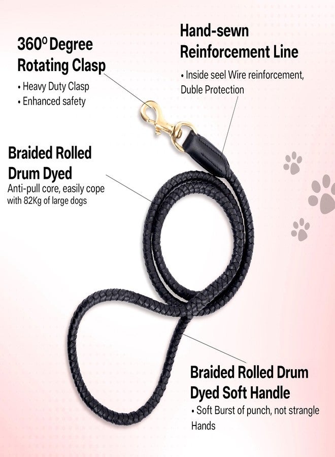 ADIL'S Adil’S Braided Rolled Drum Dyed Leather Dog Leash with 360 Degree Rotating Clasp 5 FT Long, Non-Slip Grip Handle, Suitable for Large & Medium Dogs, Black - Image 2